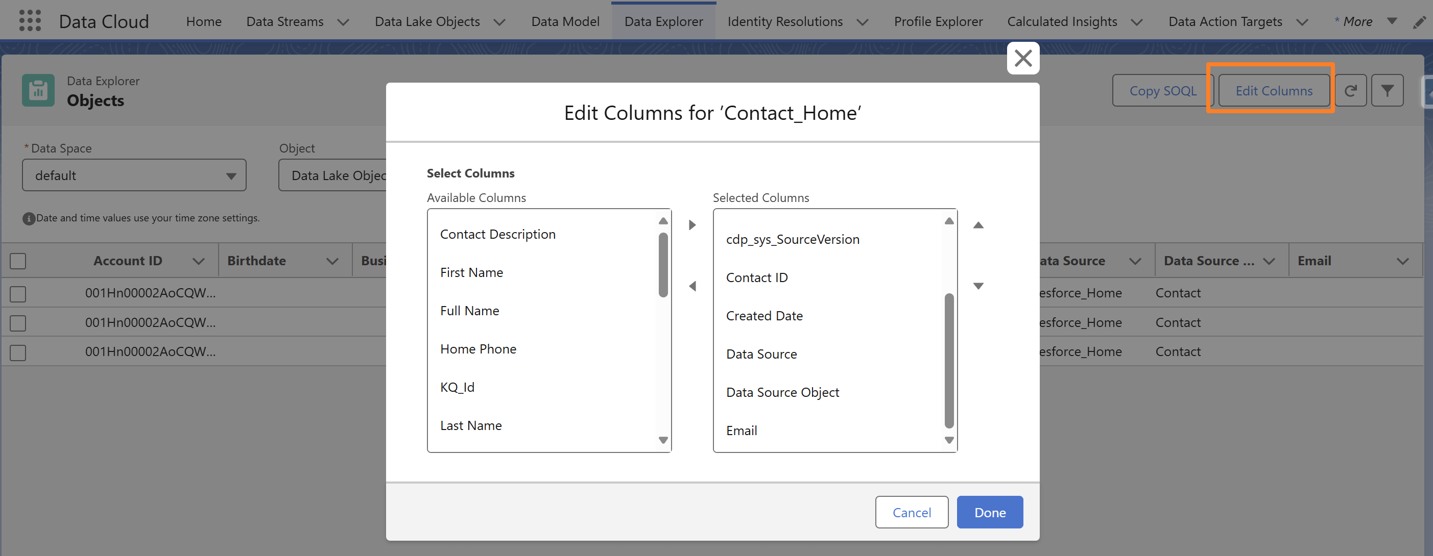 Data Cloud edit columns in data explorer