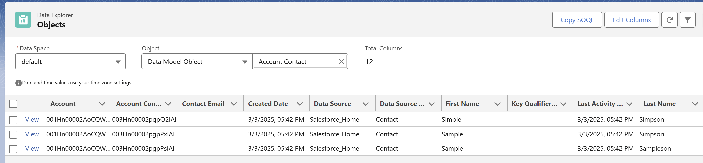 Data Explorer view Data Model Object