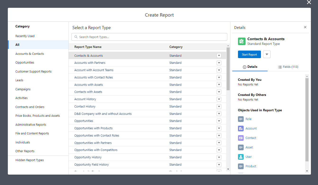 Using Salesforce Report Type Selector Example
